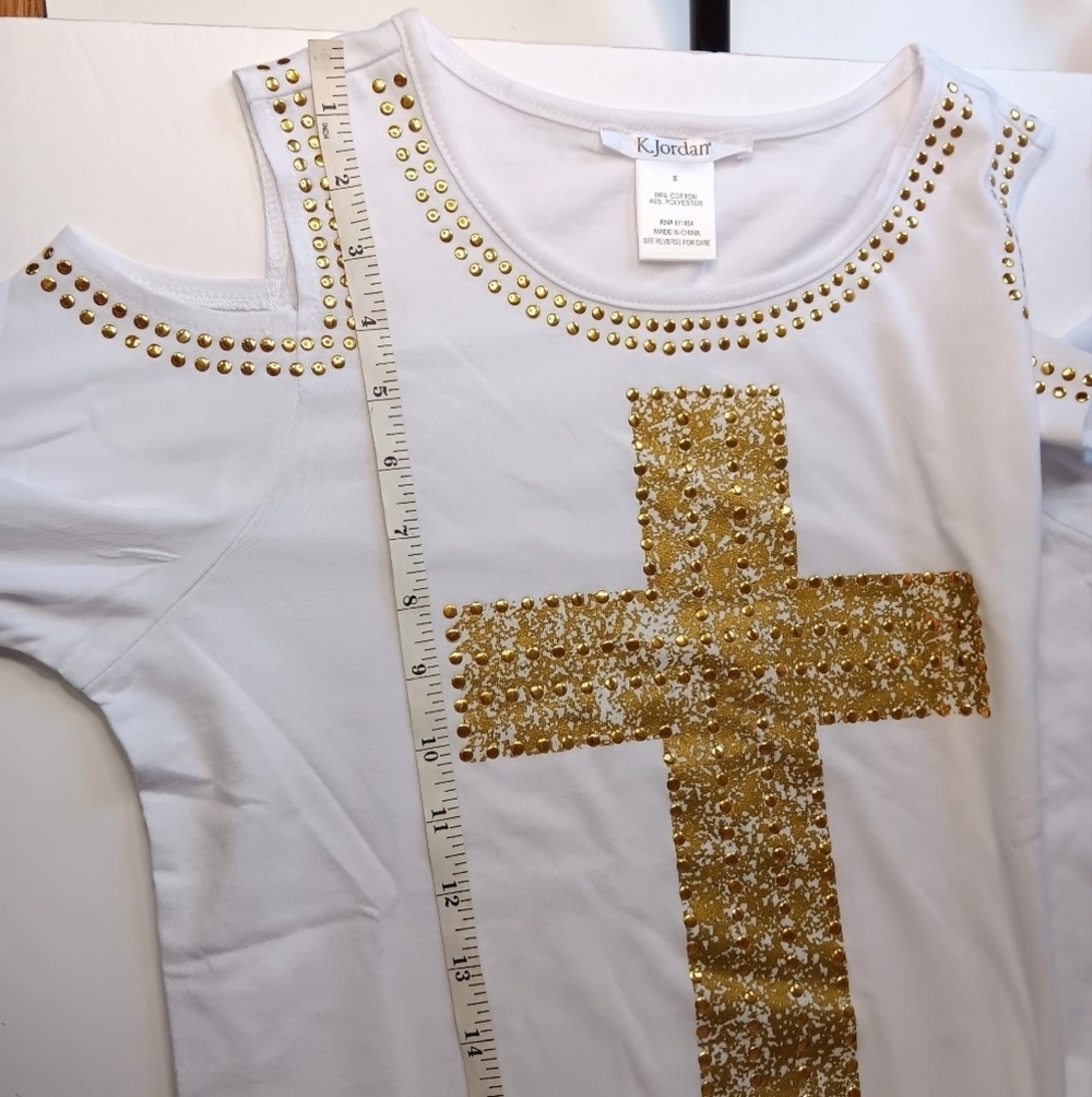 NWOT Top blouse Western Off Shoulder K.jordan white gold studs Cotton Casual S. - Picture 8 of 14